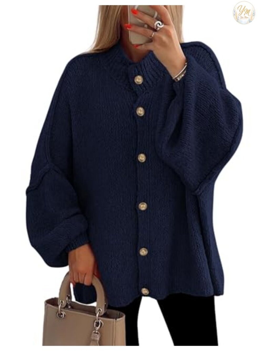 Women's Oversized Chunky Knit Button Down Cardigan Sweater with Lantern Sleeve